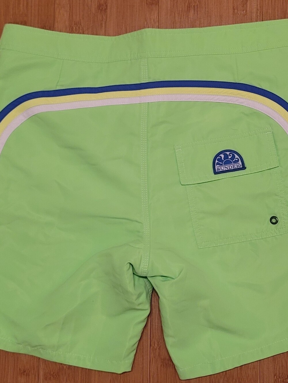Sundek Men’s Neon Lime Swim Shorts with Blue, Yellow & White Stripes